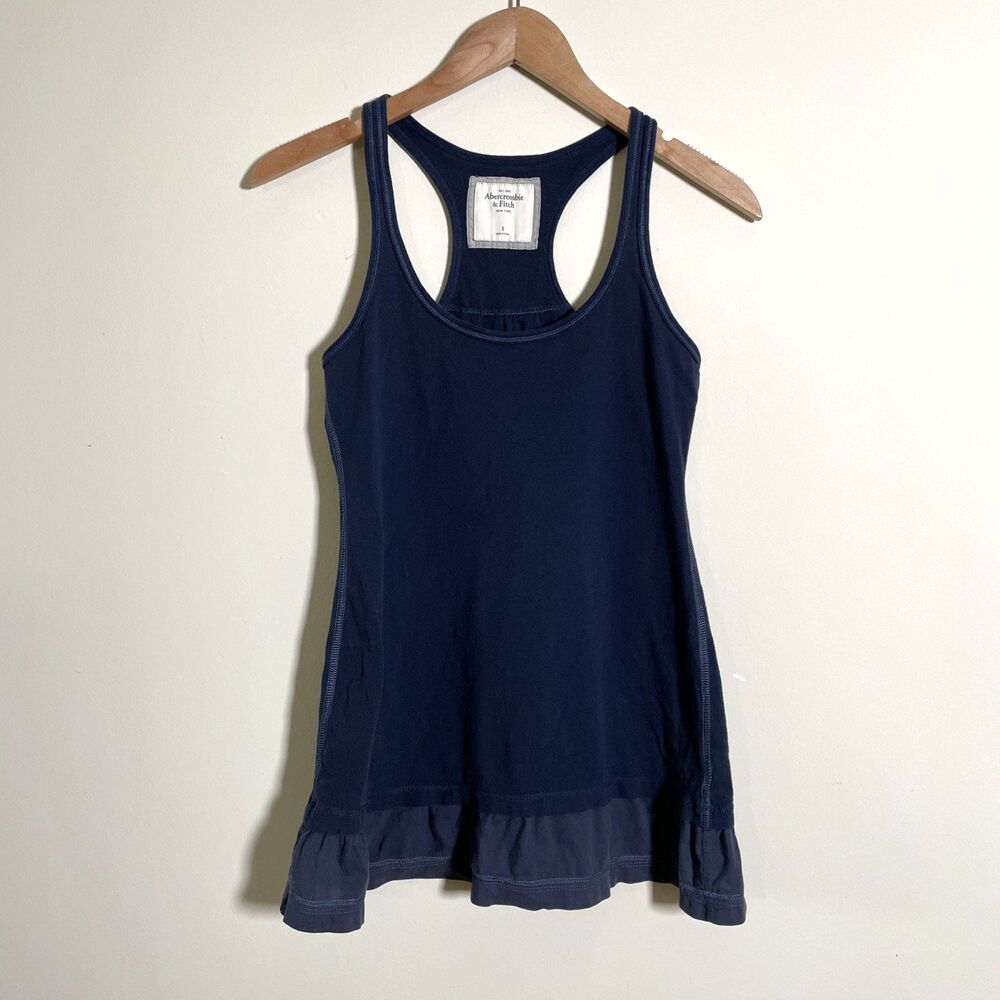 Abercrombie & Fitch Women's Long Tank Top S VTG Navy Blue Ruffle Hem Racerback